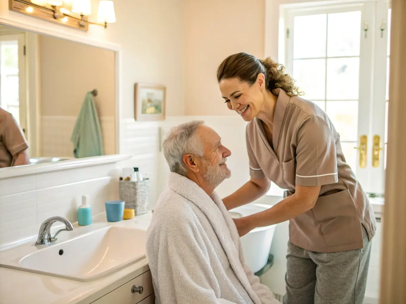 A caregiver assisting a senior with daily living activities such as bathing and dressing in a bright and clean bathroom.