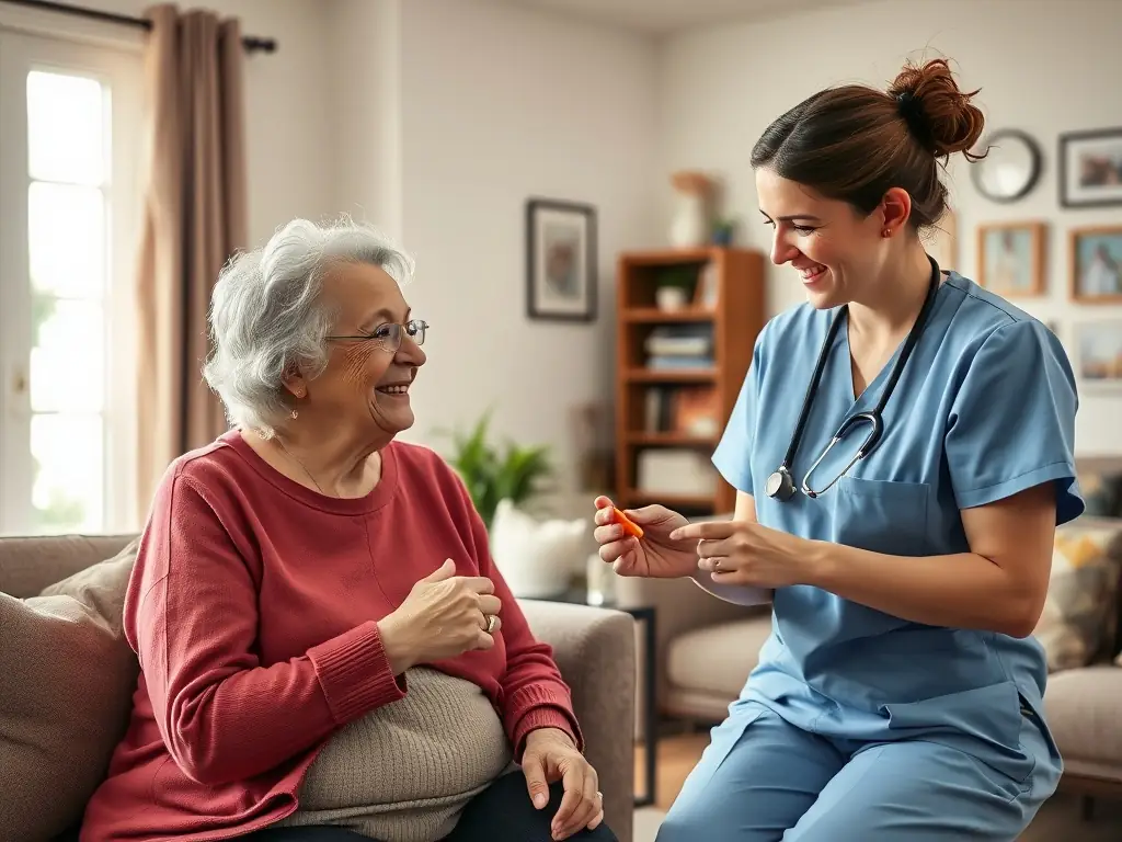 A compassionate nurse assisting a senior patient with medication management in a cozy living room setting, emphasizing personalized care.